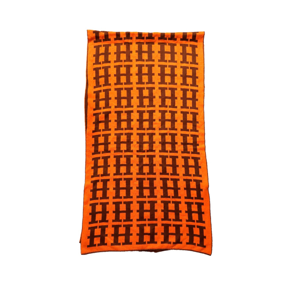 HERMÈS Iconic Brown & Orange Reversibile H Print Wool Scarf Pre-owned - Picture 9 of 16